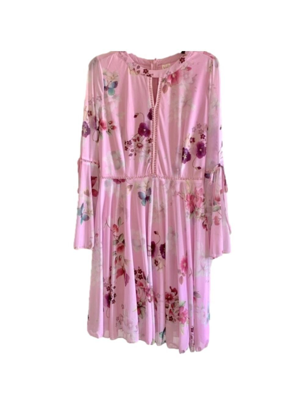 Pink Floral  Bell Long Sleeve Butterfly Dress